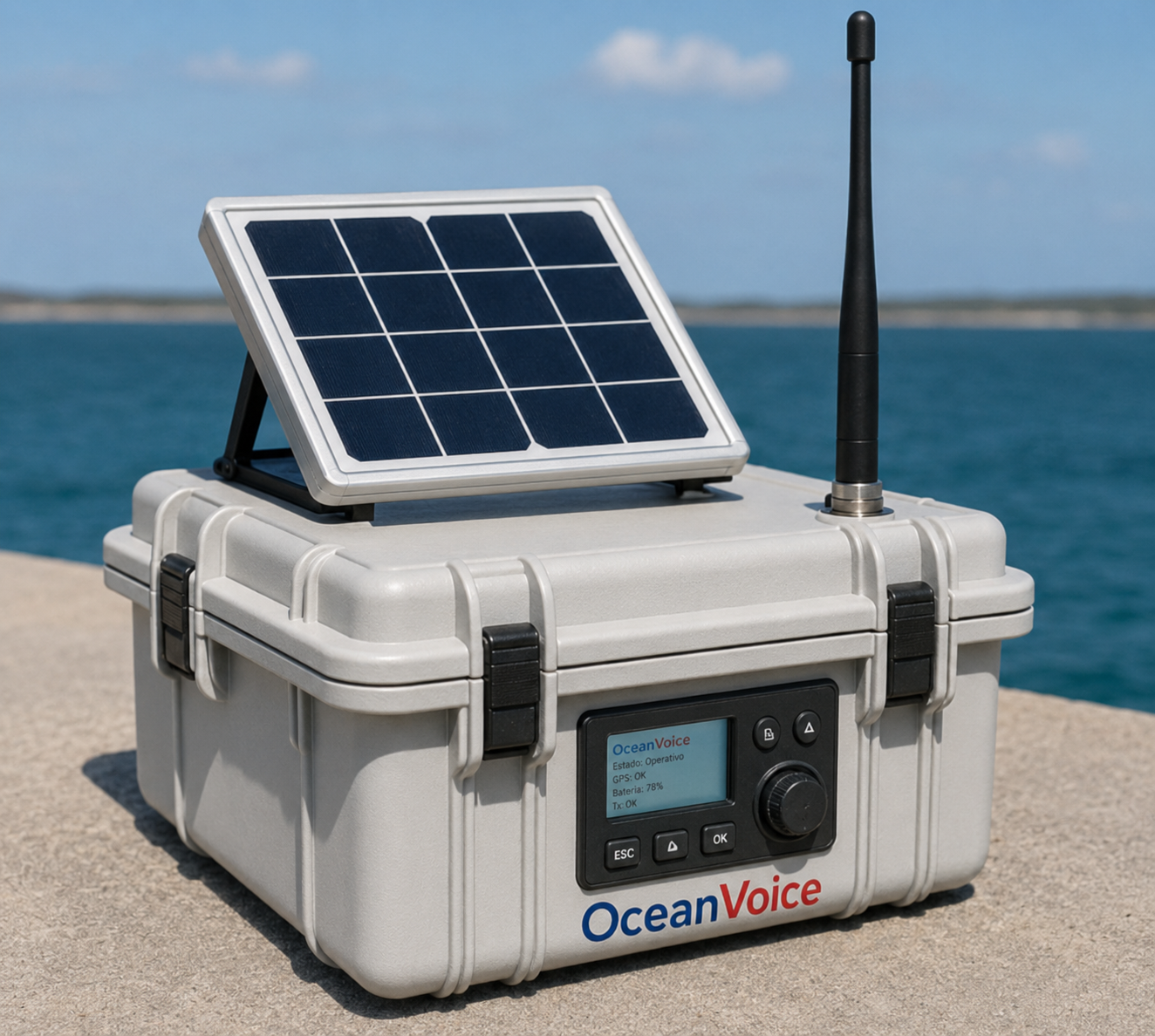 Estación base OceanVoice con panel solar y antena en el puerto